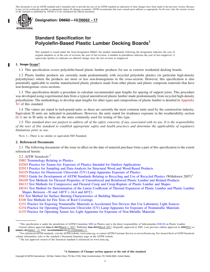 REDLINE ASTM D6662-17 - Standard Specification for  Polyolefin-Based Plastic Lumber Decking Boards