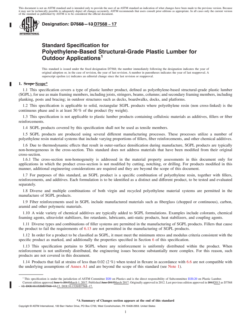 REDLINE ASTM D7568-17 - Standard Specification for  Polyethylene-Based Structural-Grade Plastic Lumber for Outdoor  Applications