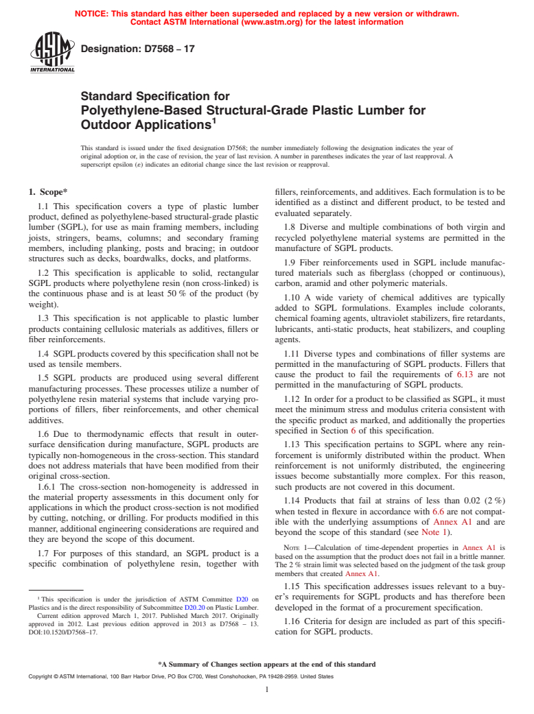 ASTM D7568-17 - Standard Specification for  Polyethylene-Based Structural-Grade Plastic Lumber for Outdoor  Applications