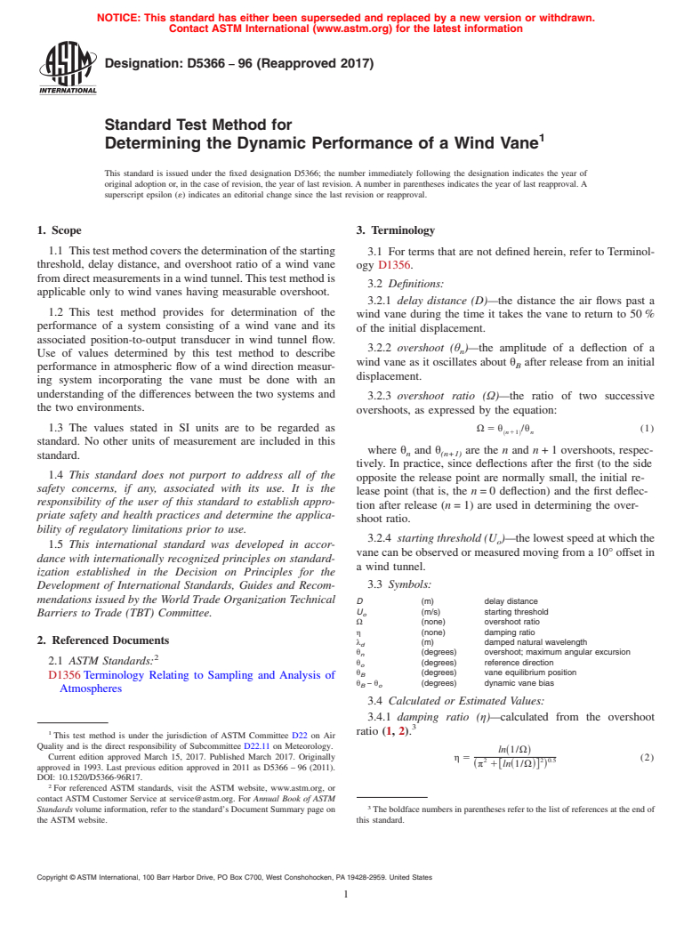 ASTM D5366-96(2017) - Standard Test Method for  Determining the Dynamic Performance of a Wind Vane