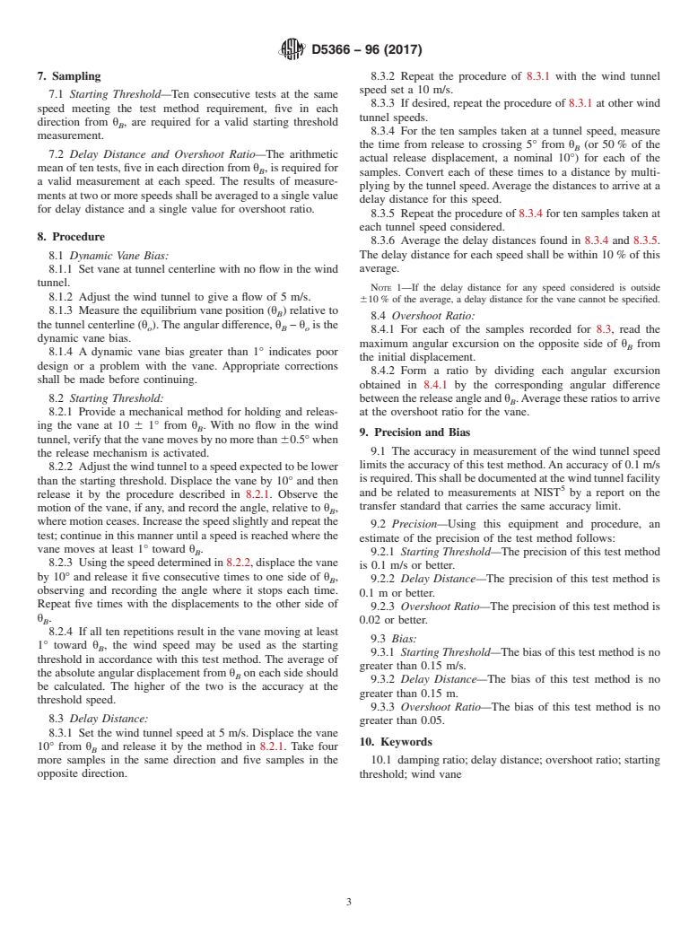 ASTM D5366-96(2017) - Standard Test Method for  Determining the Dynamic Performance of a Wind Vane