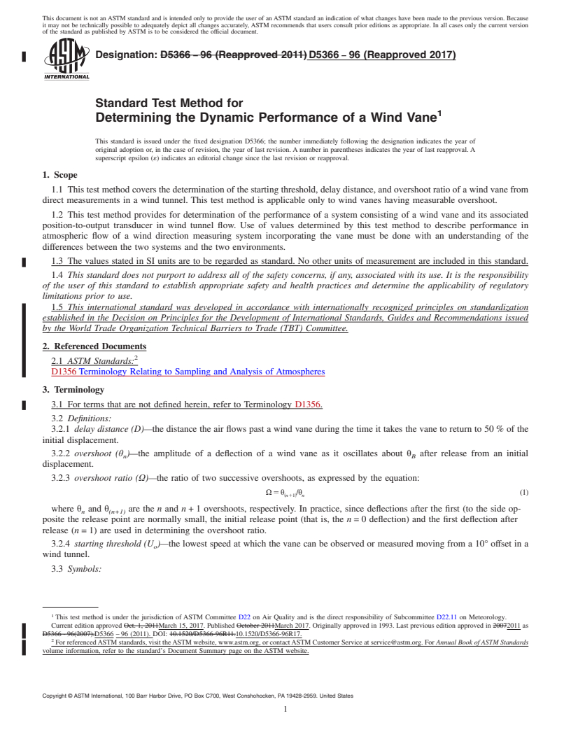 REDLINE ASTM D5366-96(2017) - Standard Test Method for  Determining the Dynamic Performance of a Wind Vane