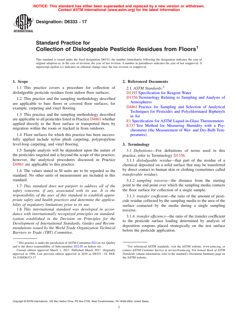 ASTM D6333-17 - Standard Practice for  Collection of Dislodgeable Pesticide Residues from Floors