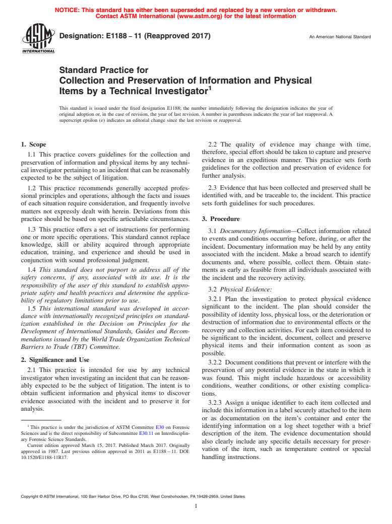 ASTM E1188-11(2017) - Standard Practice for  Collection and Preservation of Information and Physical Items  by a Technical Investigator