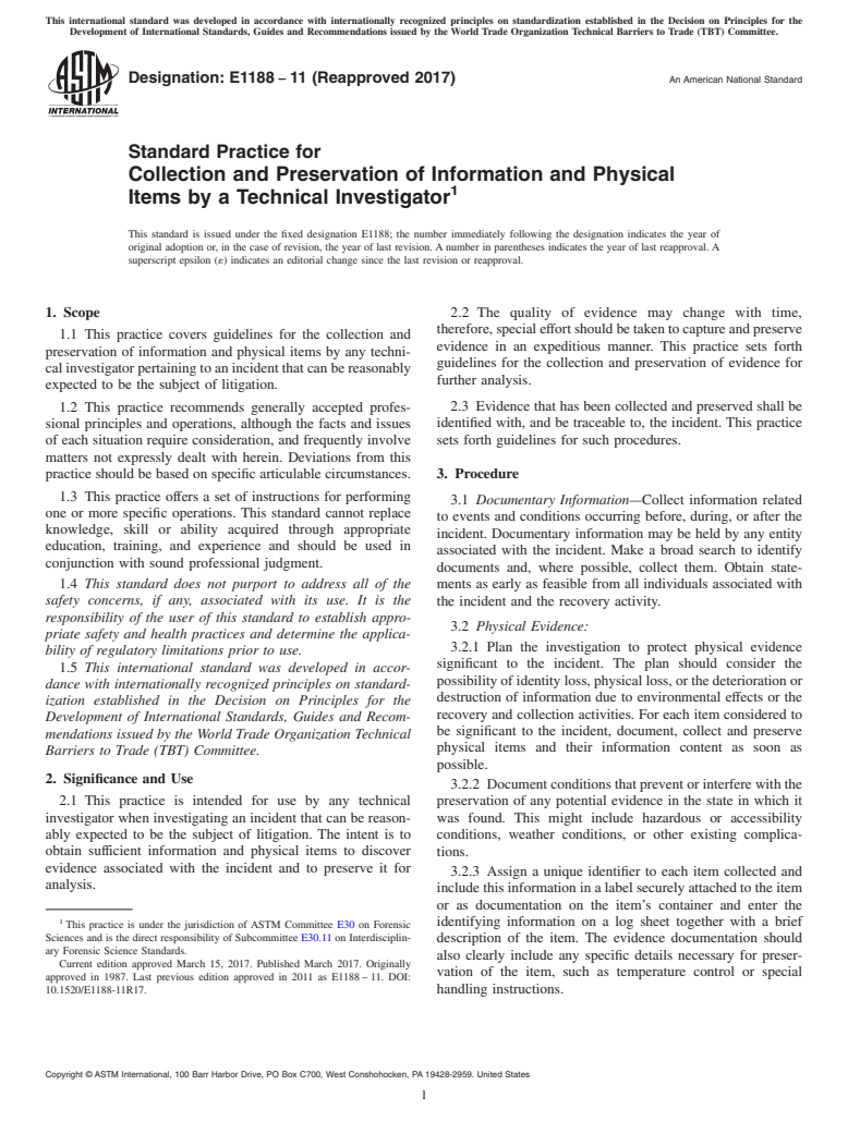 ASTM E1188-11(2017) - Standard Practice for  Collection and Preservation of Information and Physical Items  by a Technical Investigator