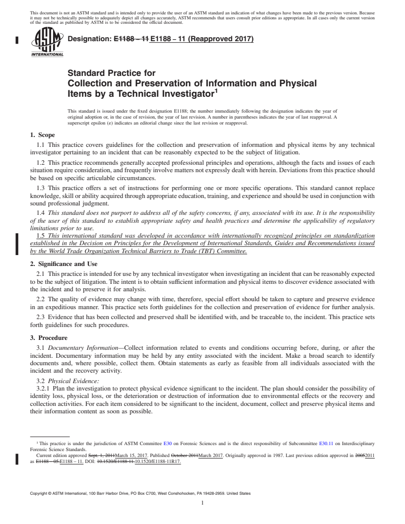 REDLINE ASTM E1188-11(2017) - Standard Practice for  Collection and Preservation of Information and Physical Items  by a Technical Investigator