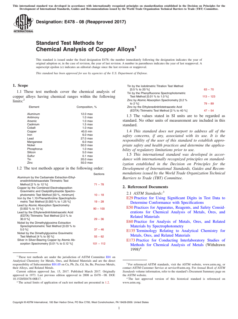 ASTM E478-08(2017) - Standard Test Methods for  Chemical Analysis of Copper Alloys