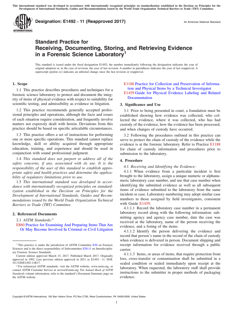 ASTM E1492-11(2017) - Standard Practice for  Receiving, Documenting, Storing, and Retrieving Evidence in   a Forensic Science Laboratory