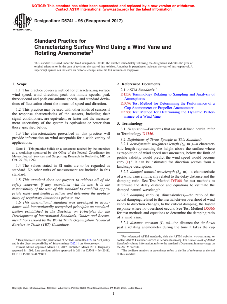 ASTM D5741-96(2017) - Standard Practice for  Characterizing Surface Wind Using a Wind Vane and Rotating  Anemometer