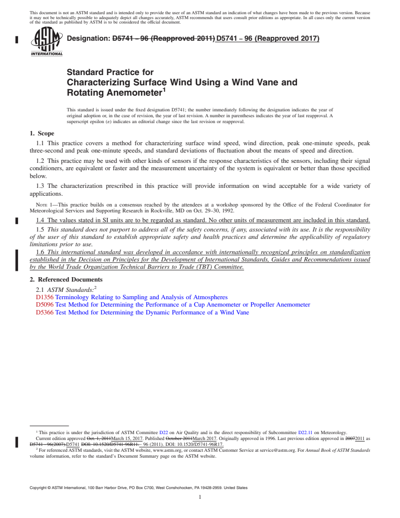 REDLINE ASTM D5741-96(2017) - Standard Practice for  Characterizing Surface Wind Using a Wind Vane and Rotating  Anemometer