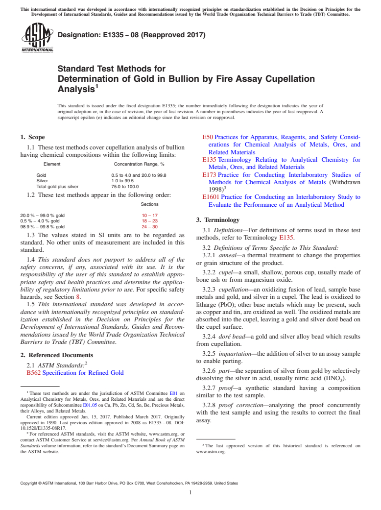 ASTM E1335-08(2017) - Standard Test Methods for  Determination of Gold in Bullion by Fire Assay Cupellation  Analysis