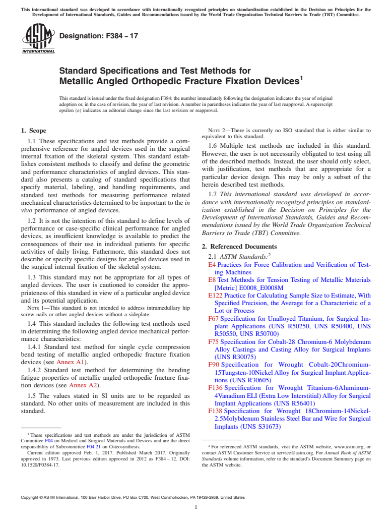 ASTM F384-17 - Standard Specifications and Test Methods for Metallic Angled Orthopedic Fracture Fixation Devices