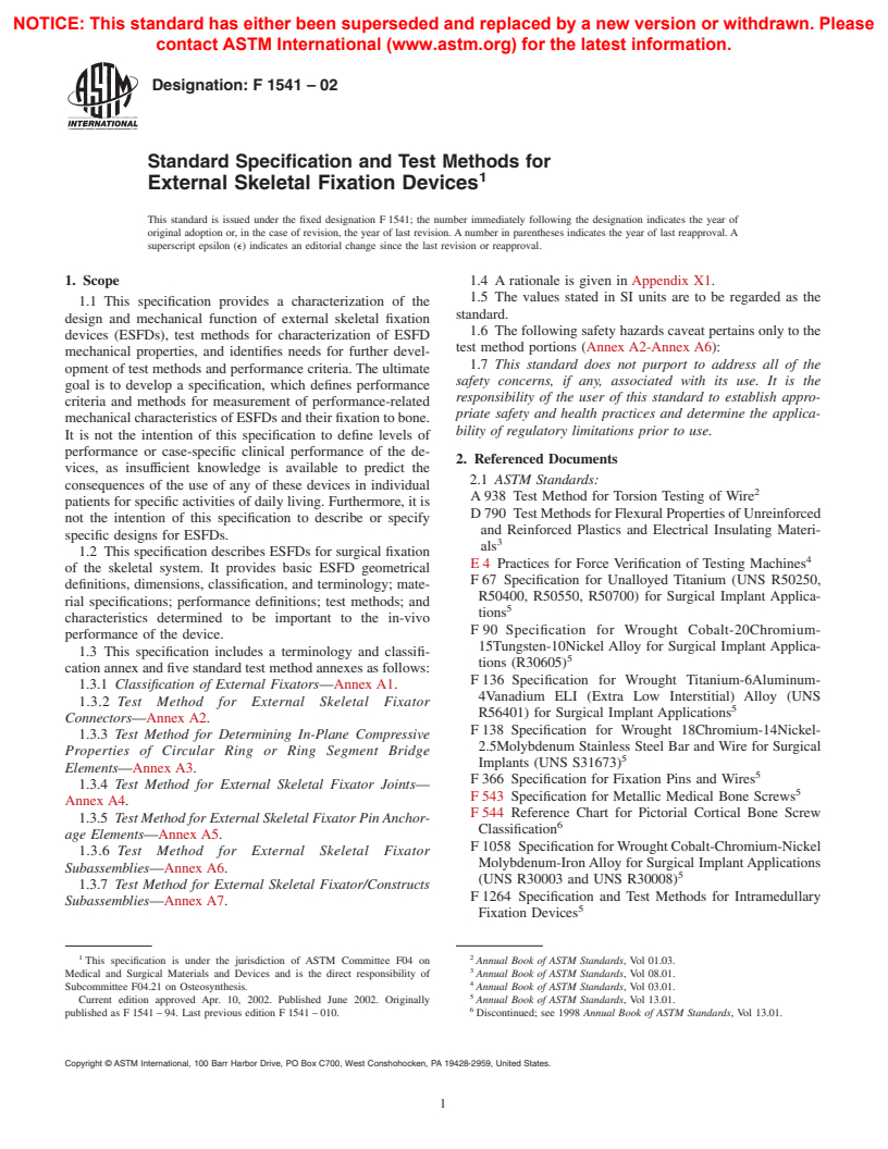 ASTM F1541-02 - Standard Specification and Test Methods for External Skeletal Fixation Devices