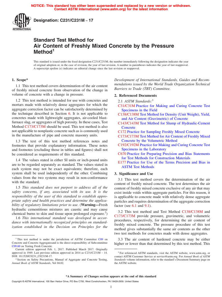 ASTM C231/C231M-17 - Standard Test Method for  Air Content of Freshly Mixed Concrete by the Pressure Method