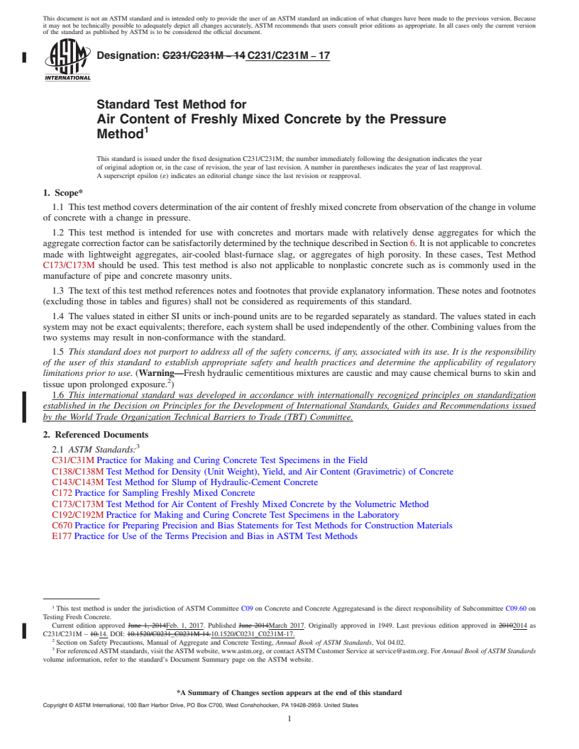 REDLINE ASTM C231/C231M-17 - Standard Test Method for  Air Content of Freshly Mixed Concrete by the Pressure Method