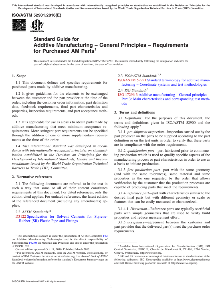 ASTM ISO/ASTM52901-16 - Standard Guide for Additive Manufacturing &#x2013; General Principles &#x2013;  Requirements for Purchased AM Parts