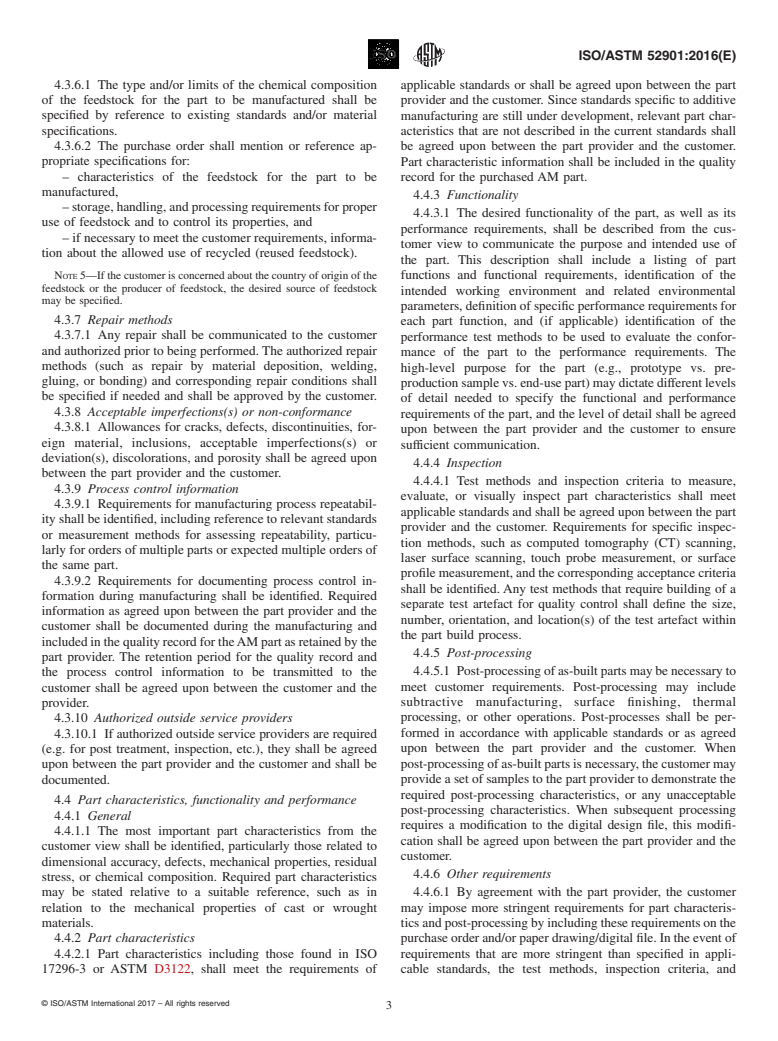 ASTM ISO/ASTM52901-16 - Standard Guide for Additive Manufacturing &#x2013; General Principles &#x2013;  Requirements for Purchased AM Parts