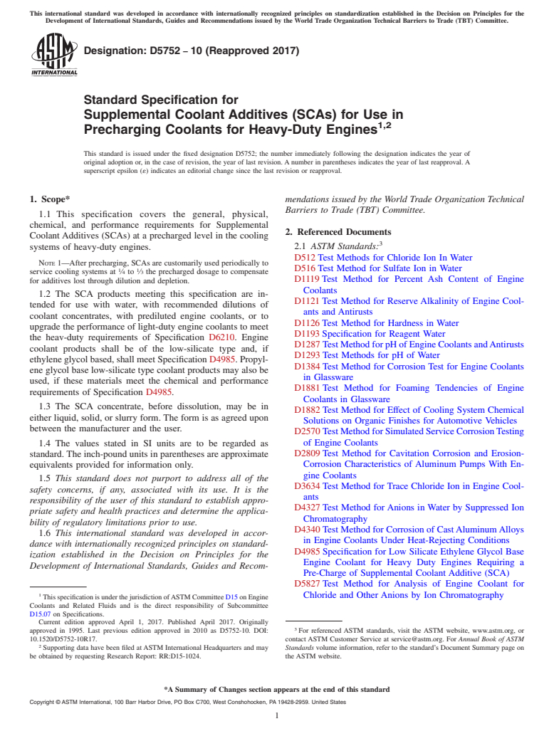 ASTM D5752-10(2017) - Standard Specification for Supplemental Coolant Additives (SCAs) for Use in Precharging  Coolants for Heavy-Duty Engines