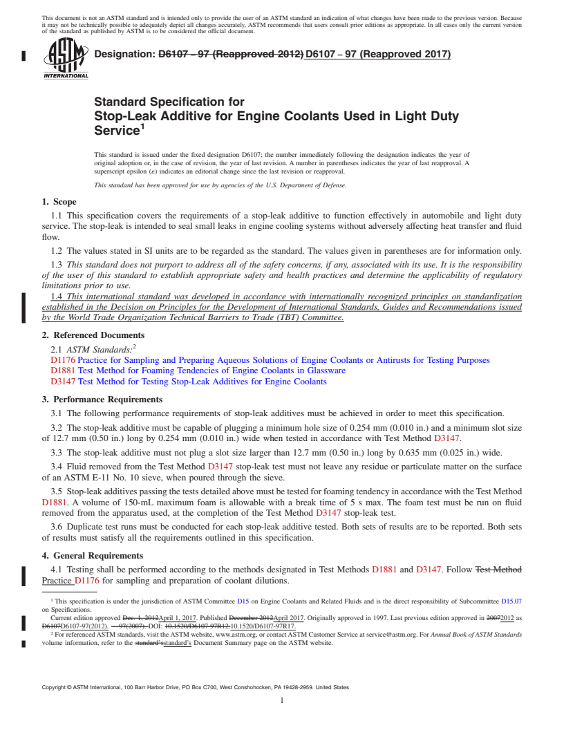 REDLINE ASTM D6107-97(2017) - Standard Specification for Stop-Leak Additive for Engine Coolants Used in Light Duty Service