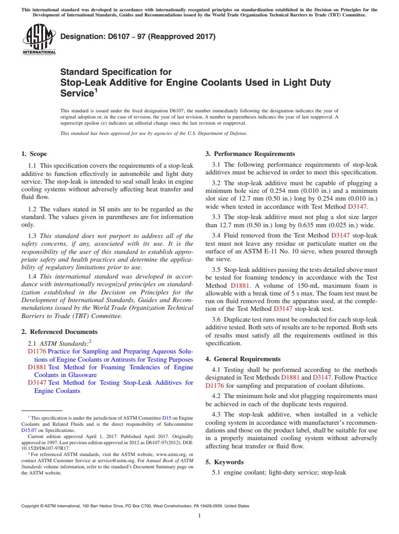 ASTM D6107-97(2017) - Standard Specification for Stop-Leak Additive for Engine Coolants Used in Light Duty Service