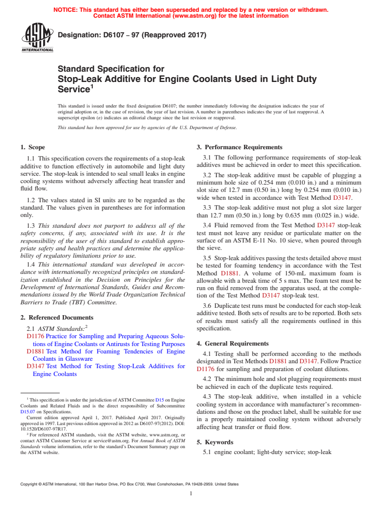 ASTM D6107-97(2017) - Standard Specification for Stop-Leak Additive for Engine Coolants Used in Light Duty Service