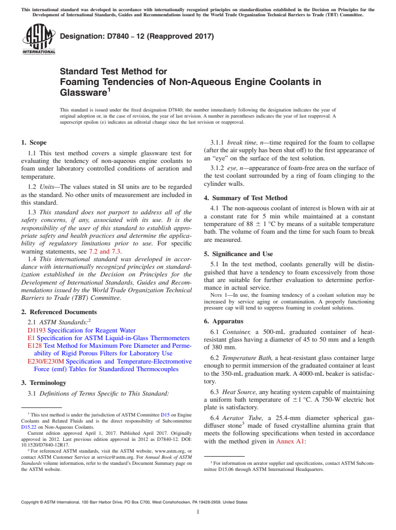 ASTM D7840-12(2017) - Standard Test Method for Foaming Tendencies of Non-Aqueous Engine Coolants in Glassware