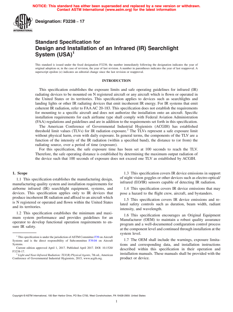 ASTM F3238-17 - Standard Specification for Design and Installation of an Infrared (IR) Searchlight System  (USA)