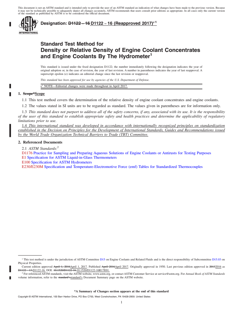 REDLINE ASTM D1122-16(2017)e1 - Standard Test Method for Density or Relative Density of Engine Coolant Concentrates  and Engine Coolants By The Hydrometer