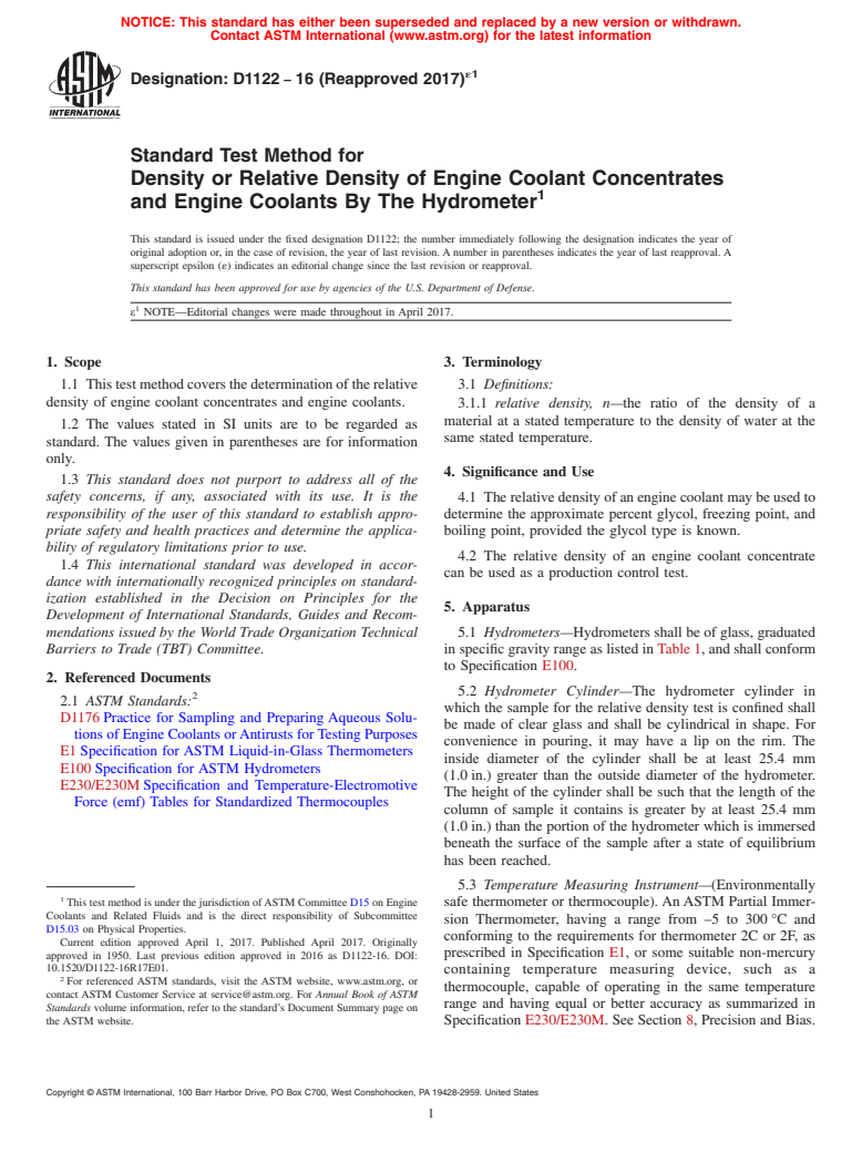 ASTM D1122-16(2017)e1 - Standard Test Method for Density or Relative Density of Engine Coolant Concentrates  and Engine Coolants By The Hydrometer