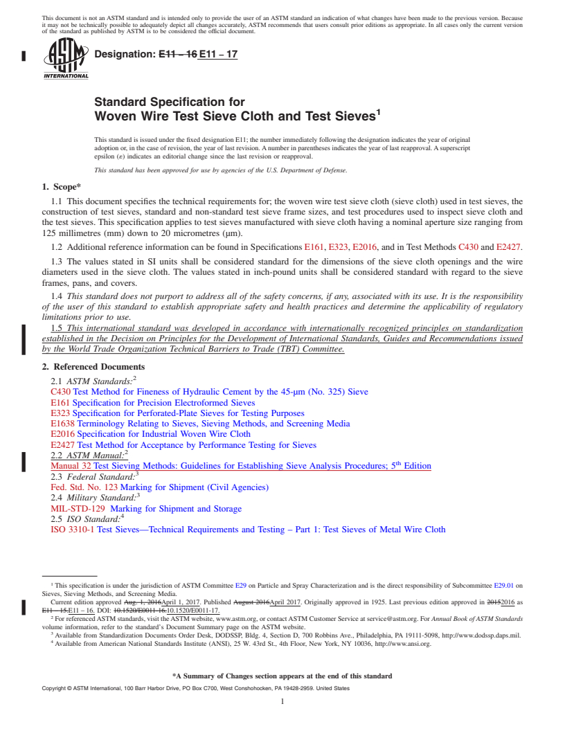 REDLINE ASTM E11-17 - Standard Specification for  Woven Wire Test Sieve Cloth and Test Sieves