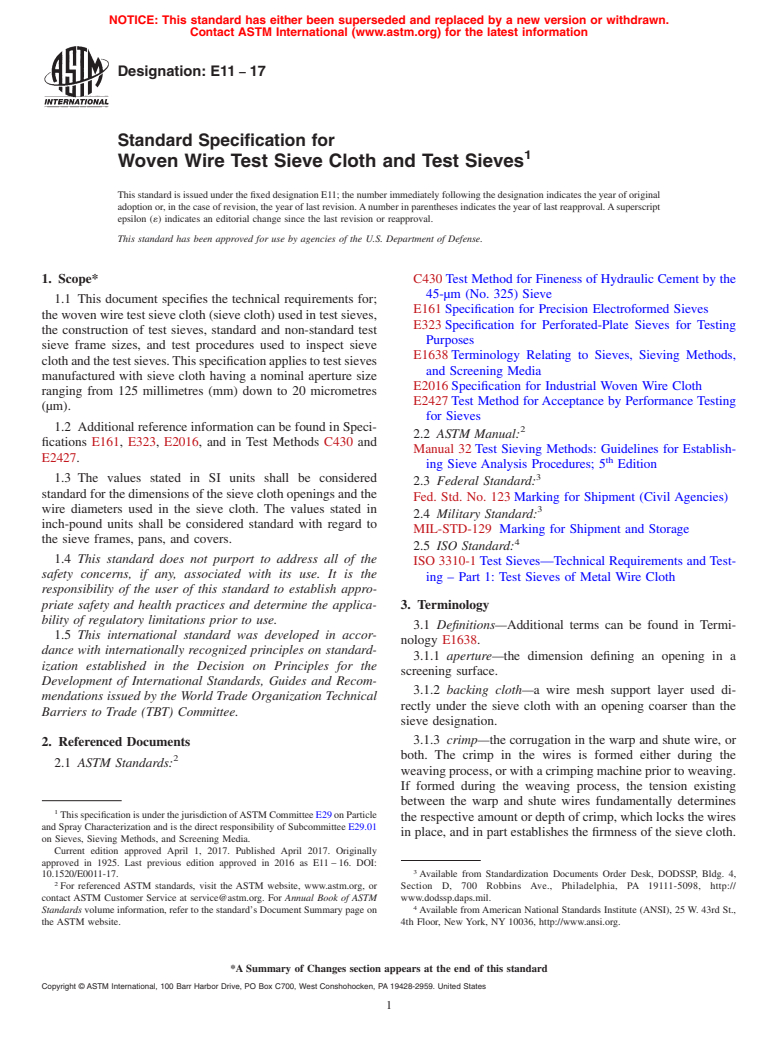 ASTM E11-17 - Standard Specification for  Woven Wire Test Sieve Cloth and Test Sieves