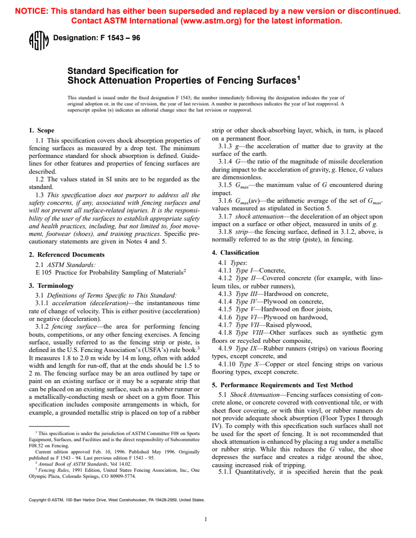 ASTM F1543-96 - Standard Specification for Shock Attenuation Properties of Fencing Surfaces