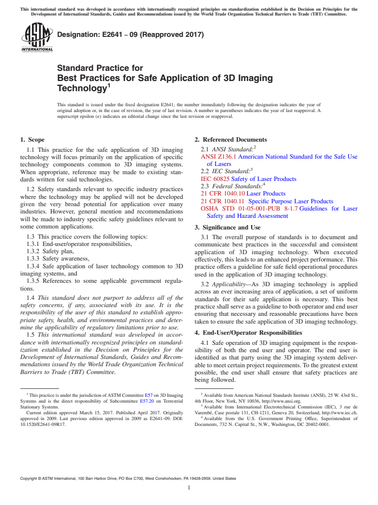 ASTM E2641-09(2017) - Standard Practice for  Best Practices for Safe Application of 3D Imaging Technology