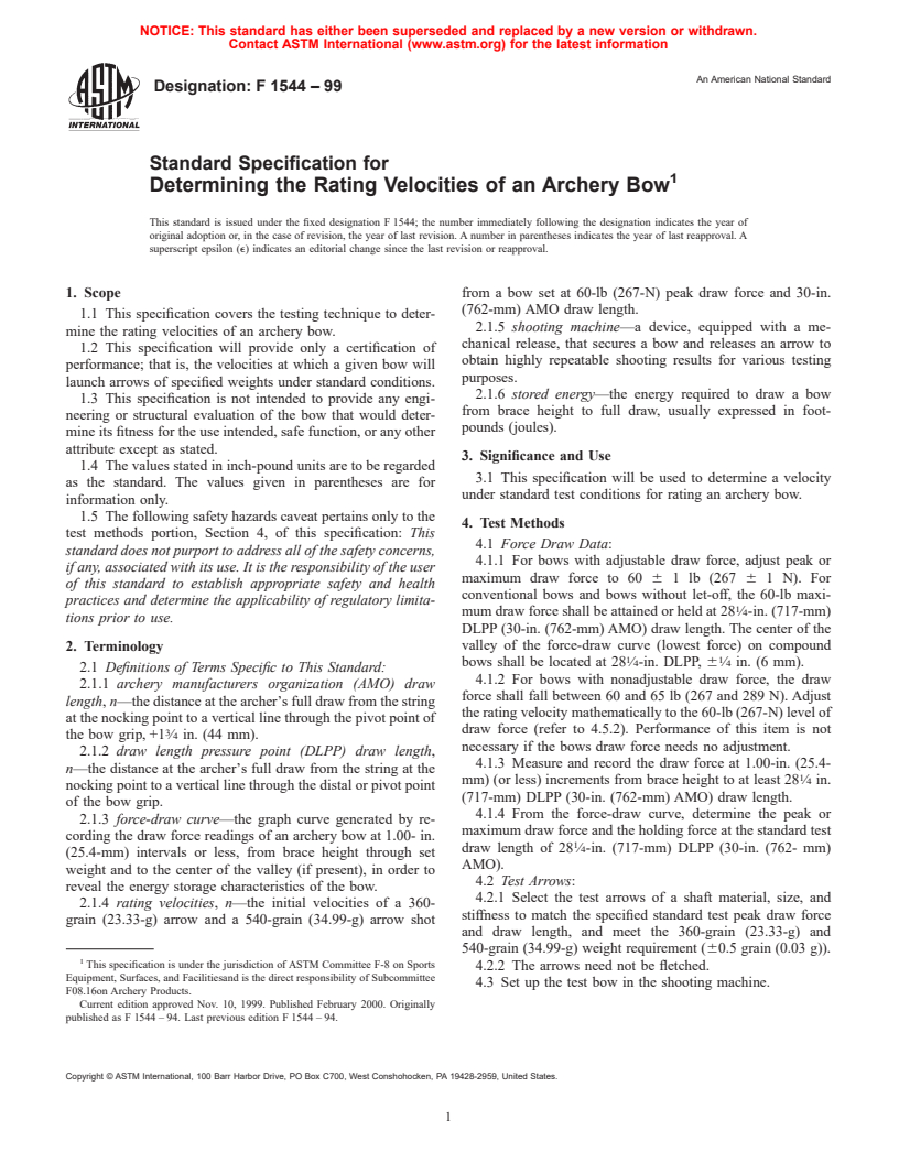 ASTM F1544-99 - Standard Specification for Determining the Rating Velocities of an Archery Bow