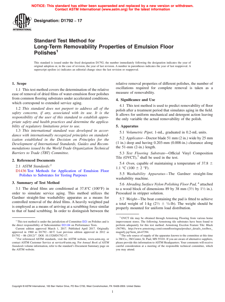 ASTM D1792-17 - Standard Test Method for  Long-Term Removability Properties of Emulsion Floor Polishes