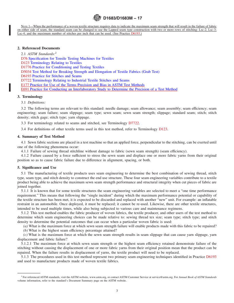 REDLINE ASTM D1683/D1683M-17 - Standard Test Method for  Failure in Sewn Seams of Woven Fabrics