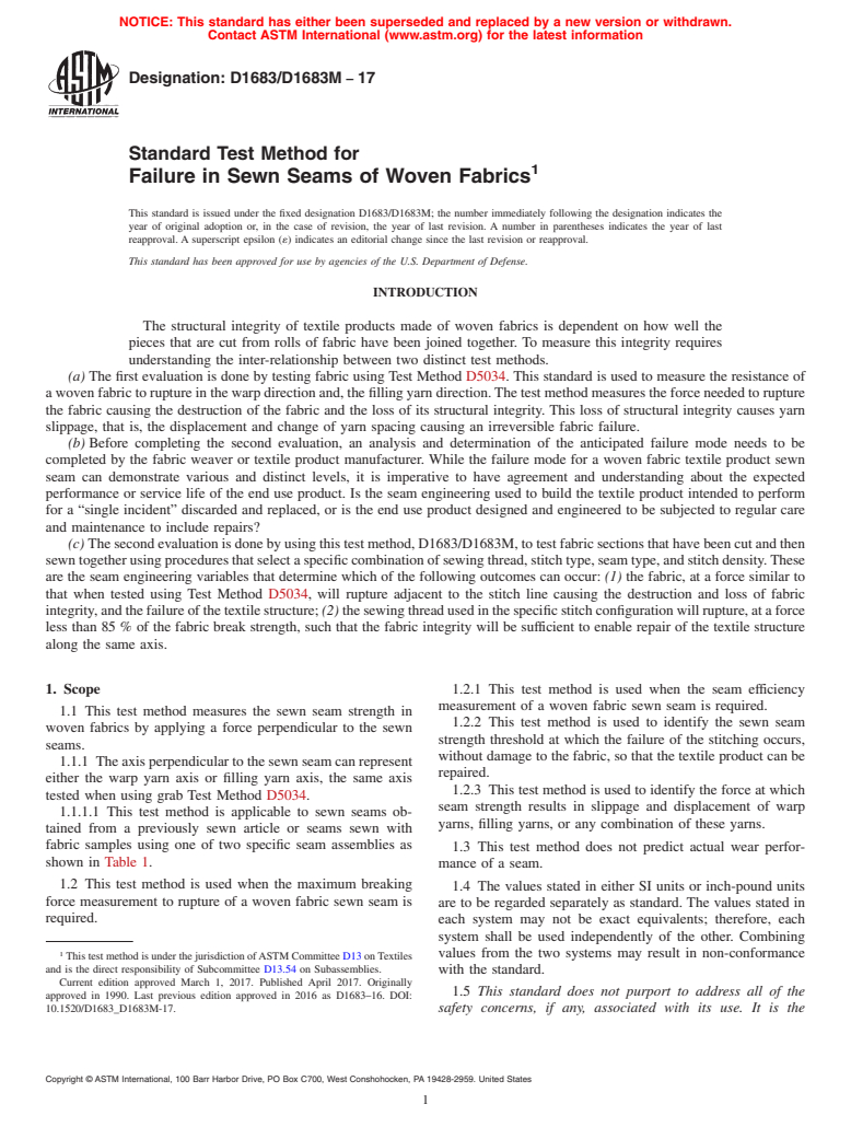 ASTM D1683/D1683M-17 - Standard Test Method for  Failure in Sewn Seams of Woven Fabrics