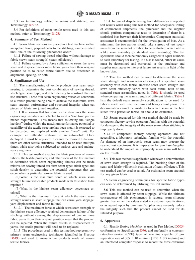 ASTM D1683/D1683M-17 - Standard Test Method for  Failure in Sewn Seams of Woven Fabrics