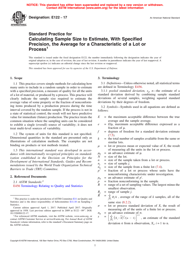 ASTM E122-17 - Standard Practice for  Calculating Sample Size to Estimate, With Specified Precision,  the Average for a Characteristic of a Lot or Process