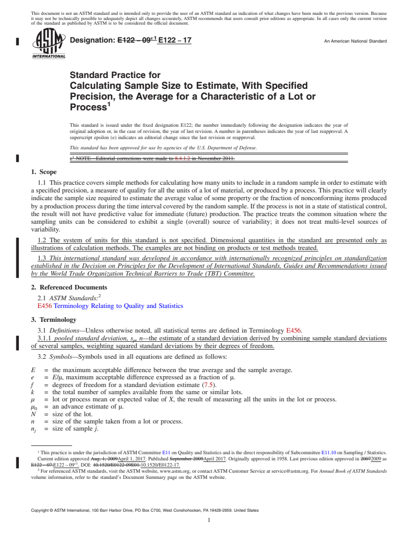 REDLINE ASTM E122-17 - Standard Practice for  Calculating Sample Size to Estimate, With Specified Precision,  the Average for a Characteristic of a Lot or Process