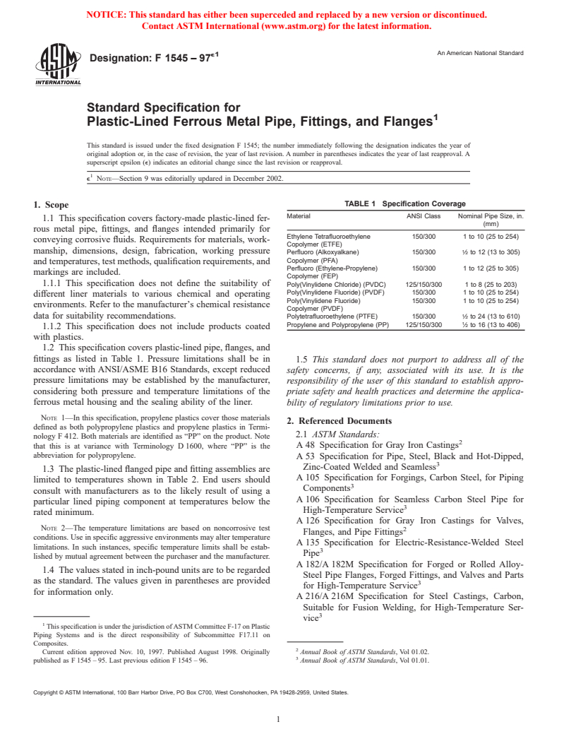 ASTM F1545-97e1 - Standard Specification for Plastic-Lined Ferrous Metal Pipe, Fittings, and Flanges