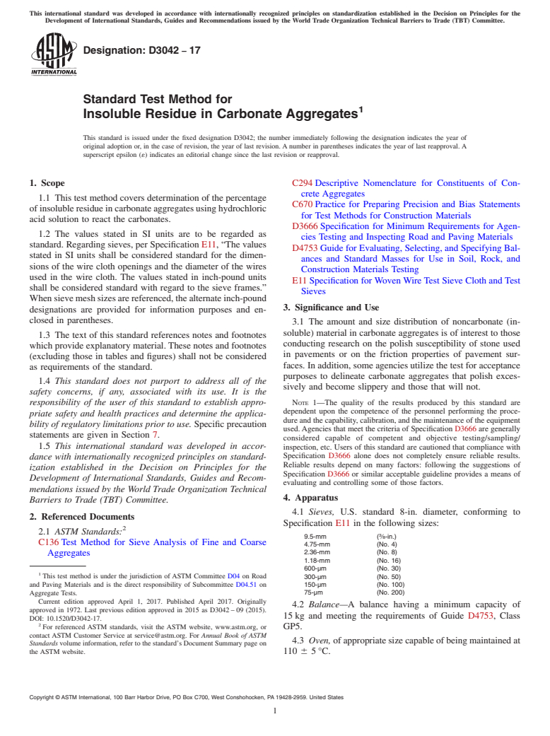 ASTM D3042-17 - Standard Test Method for Insoluble Residue in Carbonate Aggregates