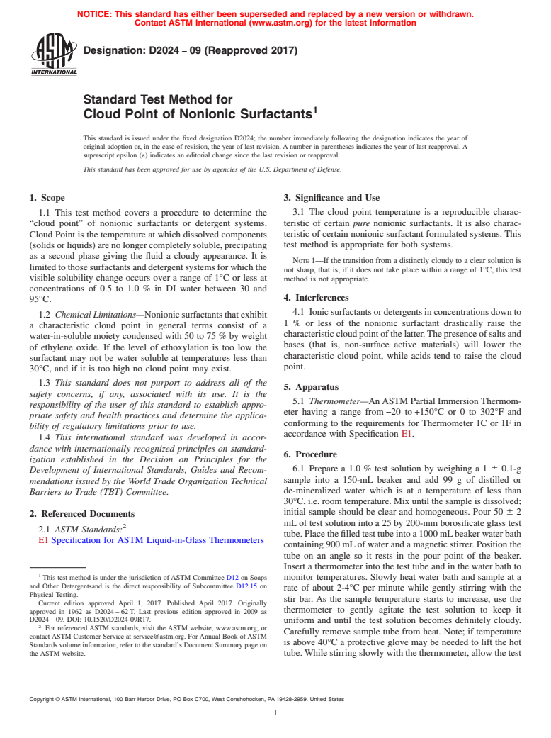 ASTM D2024-09(2017) - Standard Test Method for Cloud Point of Nonionic ...