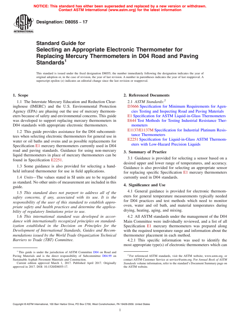 ASTM D8055-17 - Standard Guide for Selecting an Appropriate Electronic Thermometer for Replacing  Mercury Thermometers in D04 Road and Paving Standards