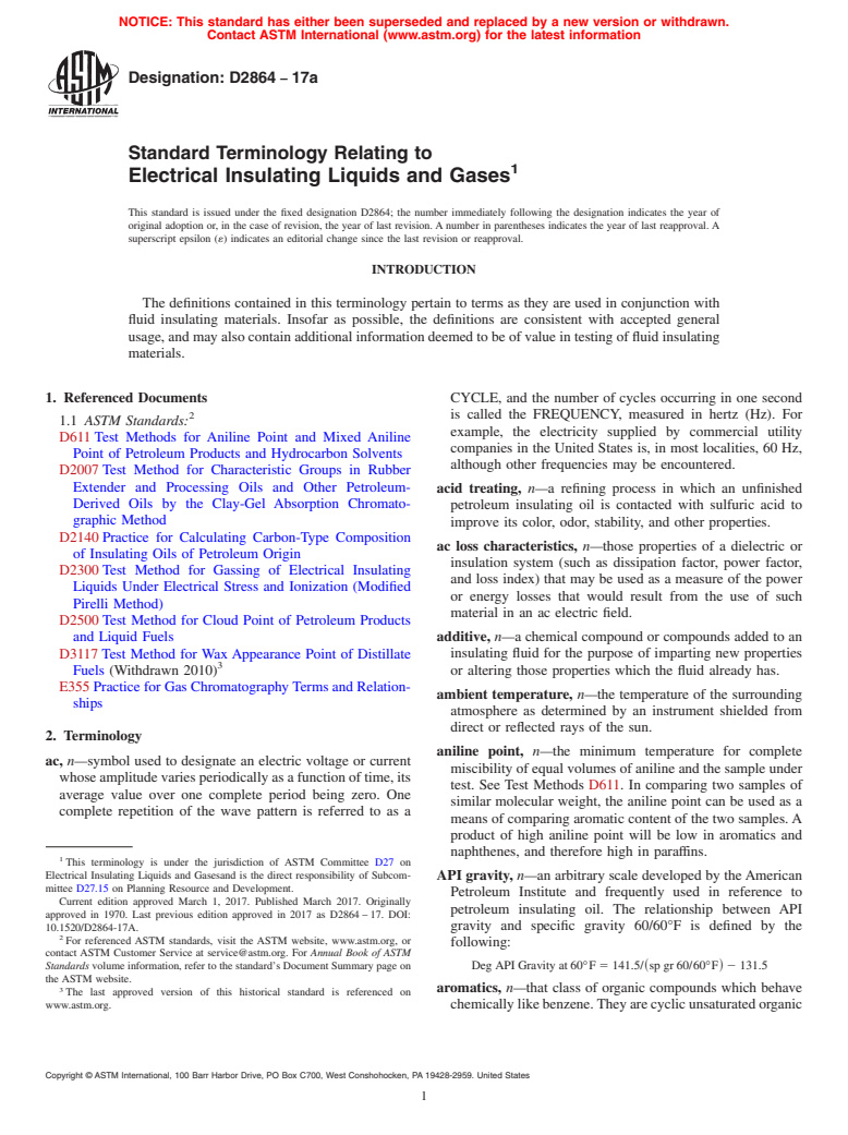 ASTM D2864-17a - Standard Terminology Relating to  Electrical Insulating Liquids and Gases