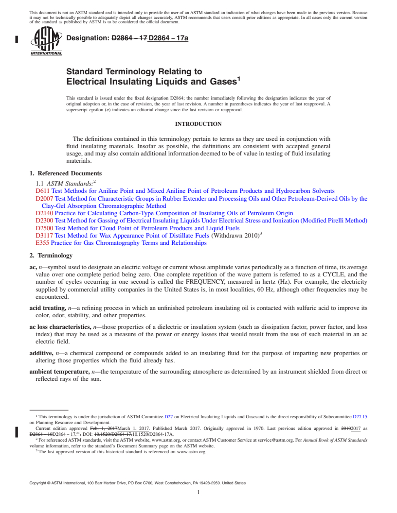 REDLINE ASTM D2864-17a - Standard Terminology Relating to  Electrical Insulating Liquids and Gases