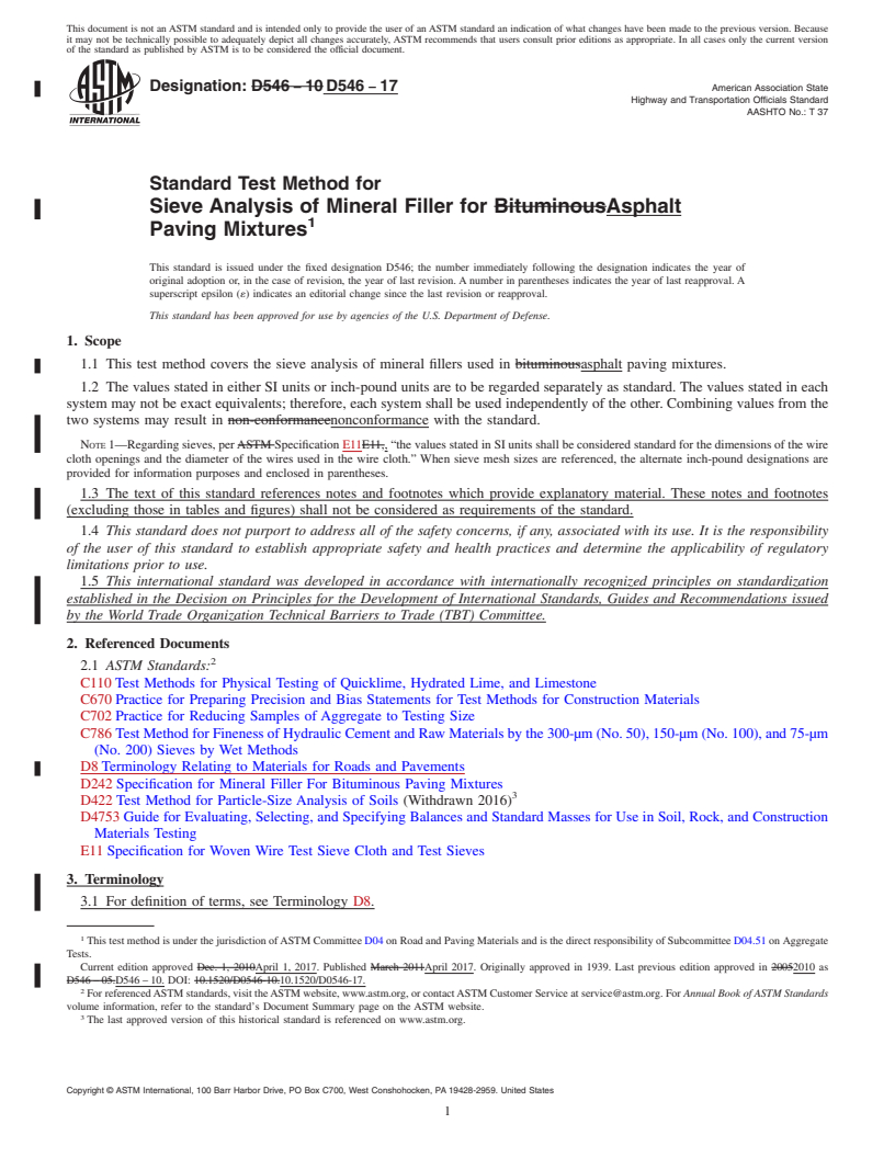 REDLINE ASTM D546-17 - Standard Test Method for  Sieve Analysis of Mineral Filler for Asphalt  Paving Mixtures