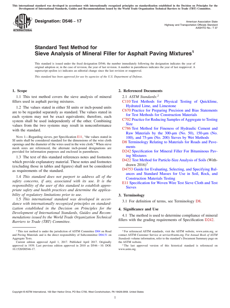 ASTM D546-17 - Standard Test Method for  Sieve Analysis of Mineral Filler for Asphalt  Paving Mixtures