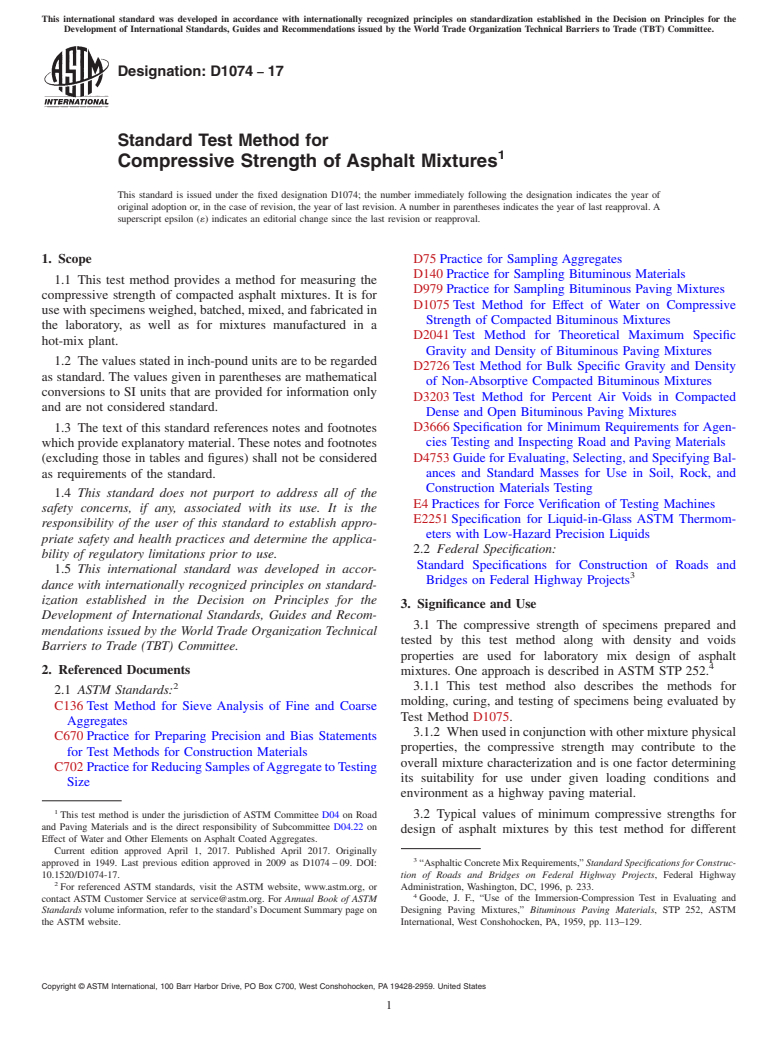 ASTM D1074-17 - Standard Test Method for  Compressive Strength of Asphalt Mixtures