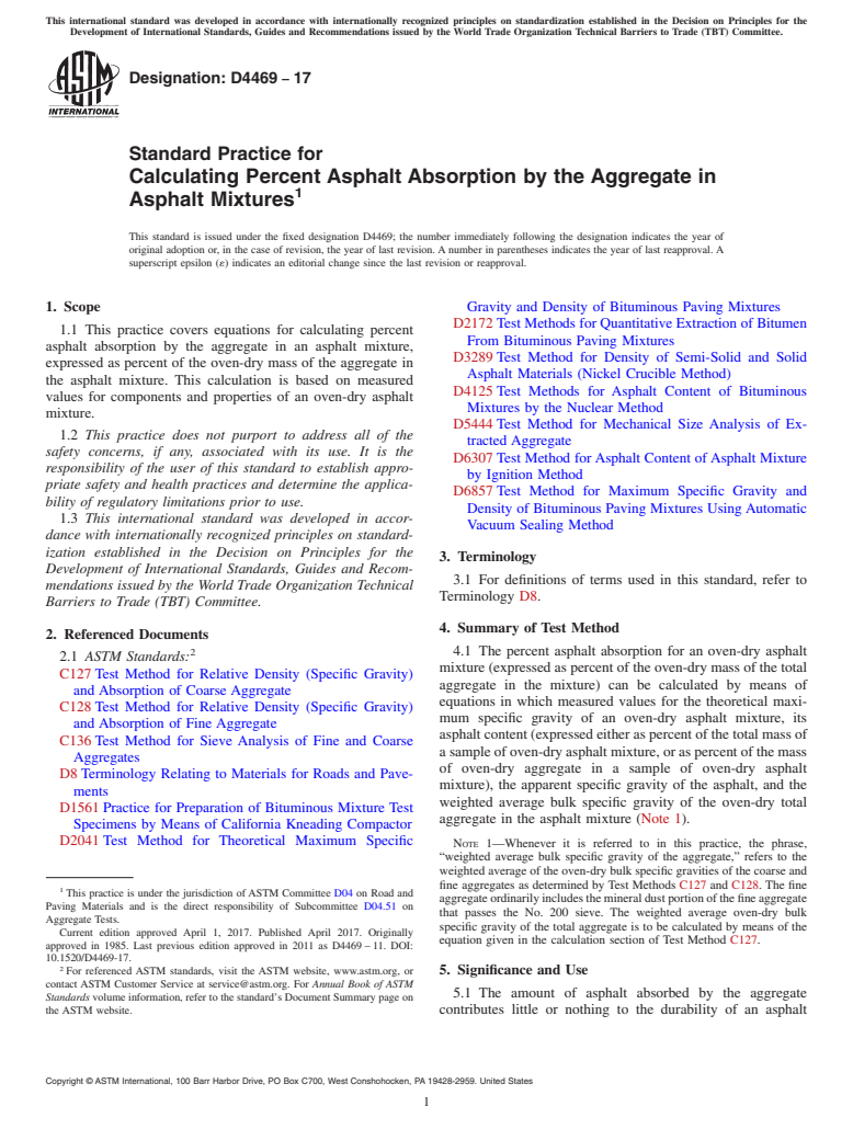 ASTM D4469-17 - Standard Practice for  Calculating Percent Asphalt Absorption by the Aggregate in  Asphalt Mixtures